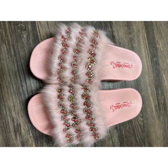 Jeffrey Campbell Edie Slide Sandal Pink Fur Jeweled Slip-On Slides Glam Cozy 8 - Picture 3 of 4